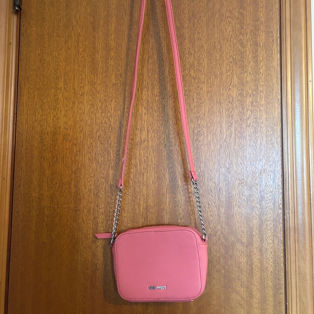 Nine West Coral-Pink Pebbled Crossbody Bag with Chain Strap